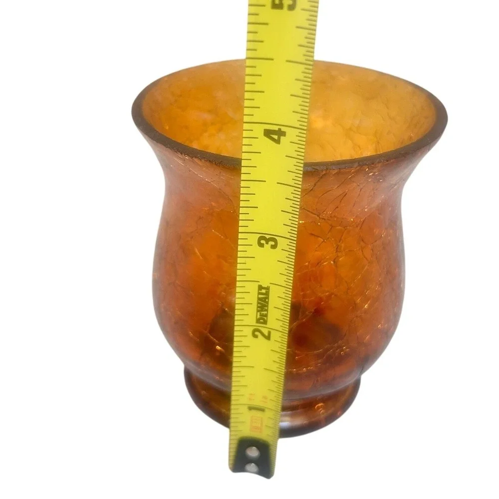 Yankee Candle 2012 Amber Crackle Glass Votive Candle Holder Orange Pedestal 4.5